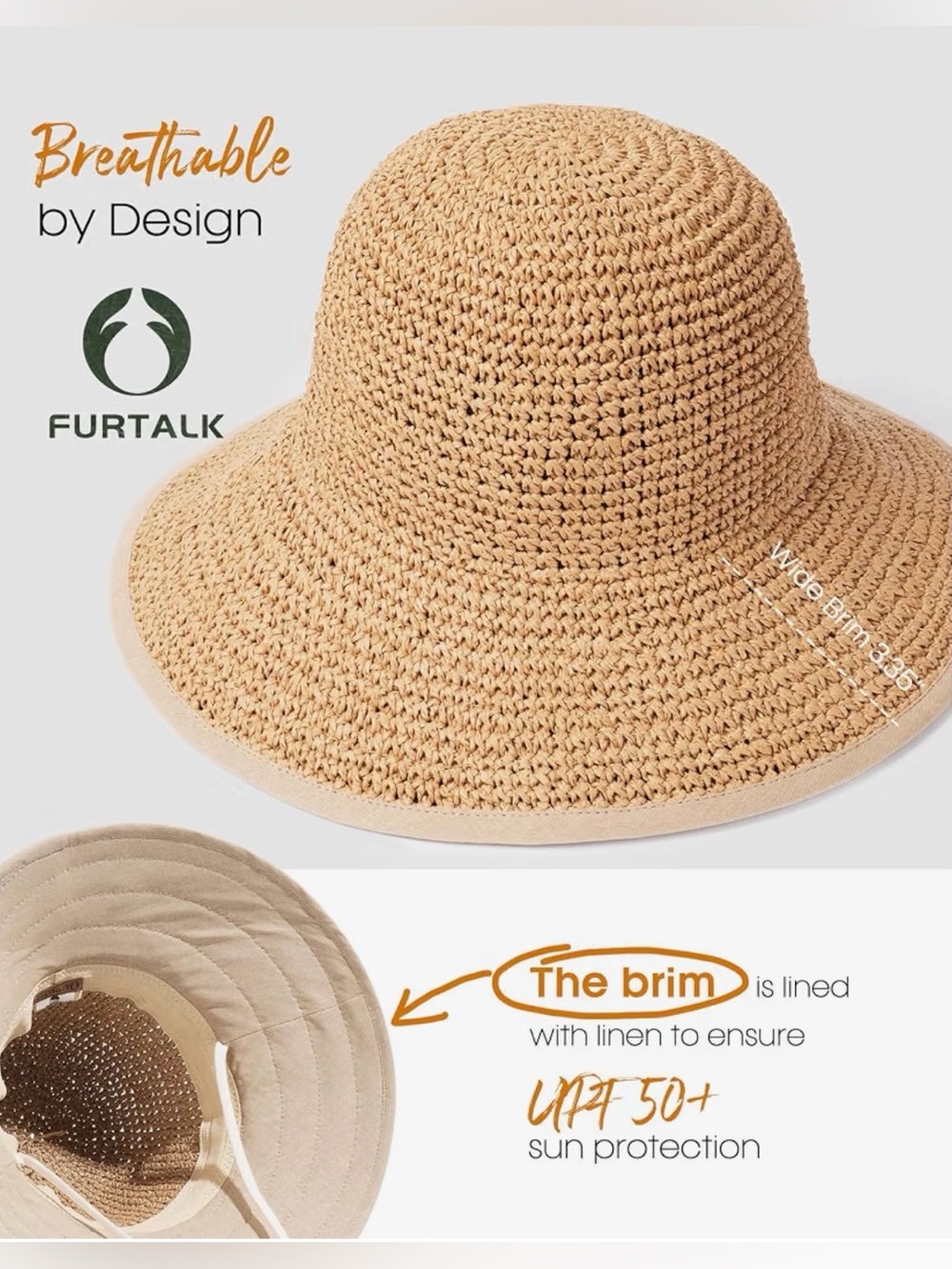 FURTALK Summer Straw Beach Sun Hats for Women Wide Brim Packable Bucket Hat